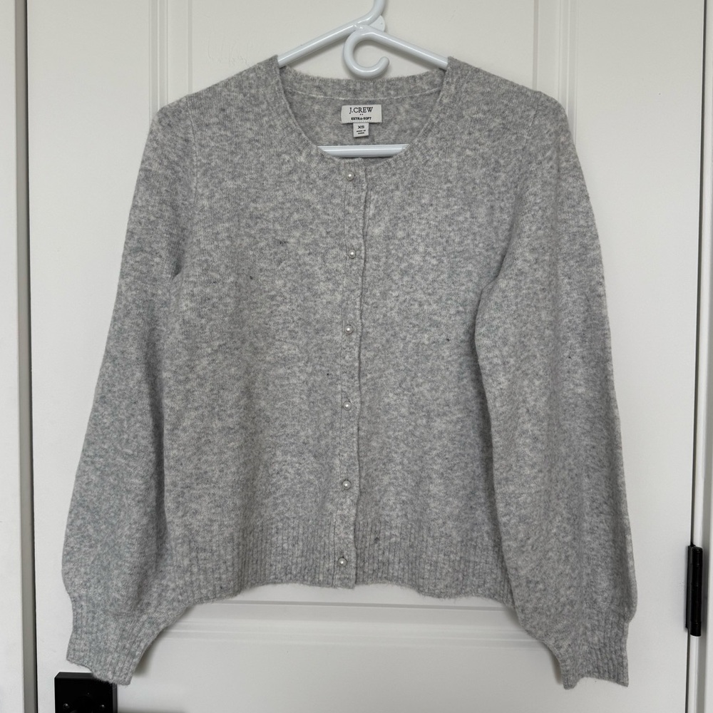 J Crew Puff Sleeve Pearl Button Gray Cardigan